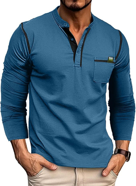 MEN'S FASHION HENLEY SHIRT CLASSIC LONG SLEEVE BUTTON T-SHIRT
