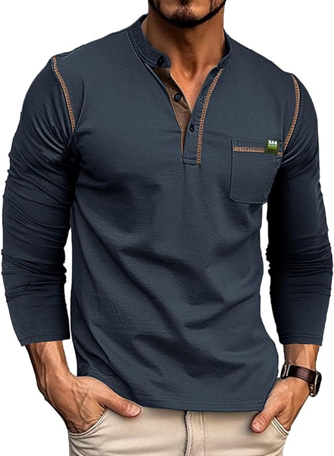 MEN'S FASHION HENLEY SHIRT CLASSIC LONG SLEEVE BUTTON T-SHIRT
