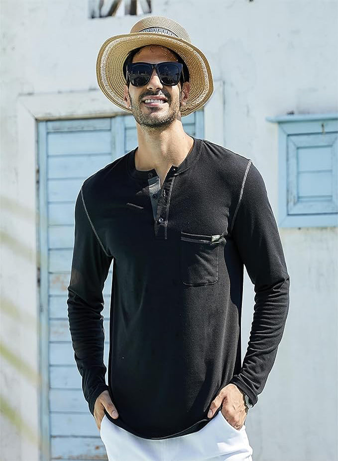 MEN'S FASHION HENLEY SHIRT CLASSIC LONG SLEEVE BUTTON T-SHIRT