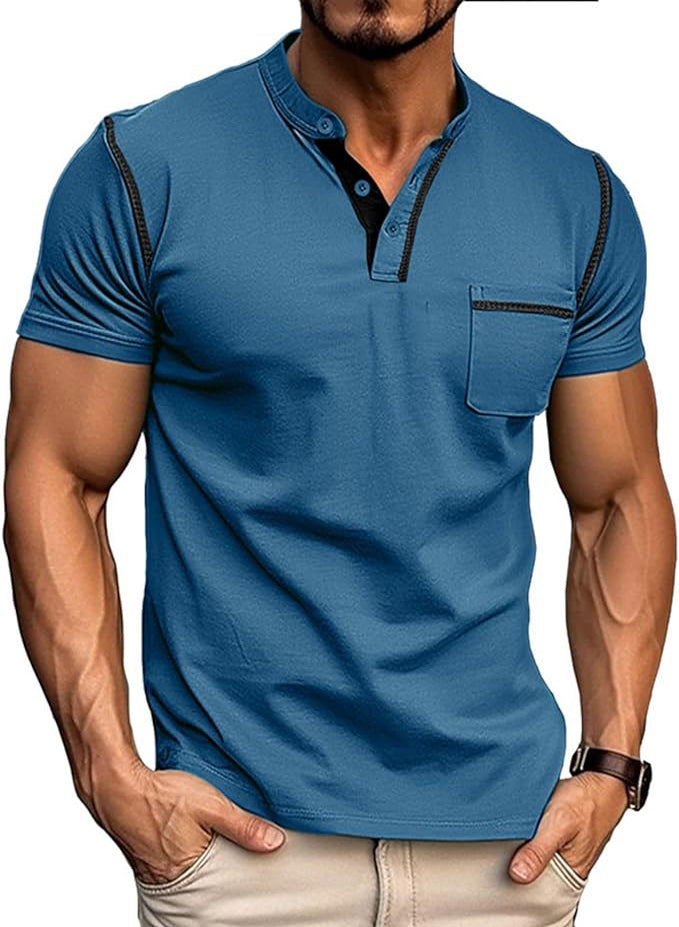 MEN'S FASHION HENLEY SHIRT CLASSIC SHORT SLEEVE BUTTON T-SHIRT