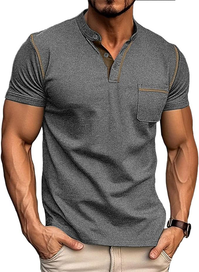 MEN'S FASHION HENLEY SHIRT CLASSIC SHORT SLEEVE BUTTON T-SHIRT