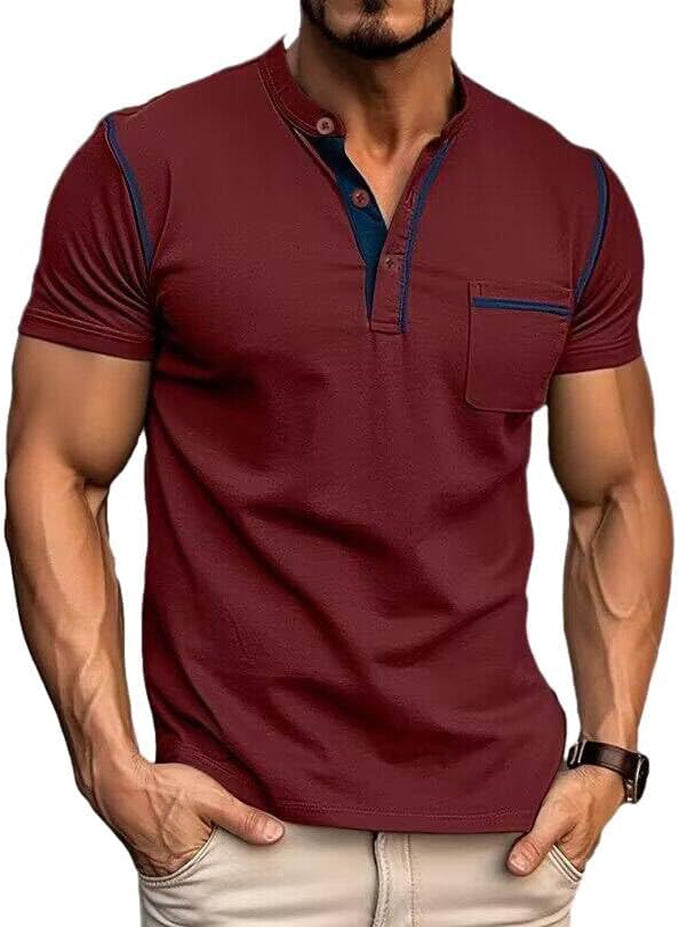 MEN'S FASHION HENLEY SHIRT CLASSIC SHORT SLEEVE BUTTON T-SHIRT