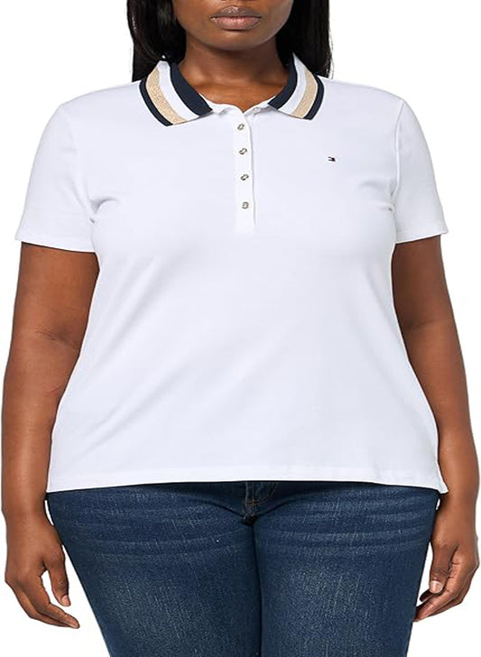 TOMMY HILFIGER WOMEN'S SHORT SLEEVE LUREX TIPPED COTTON PIQUE TEE SHIRT