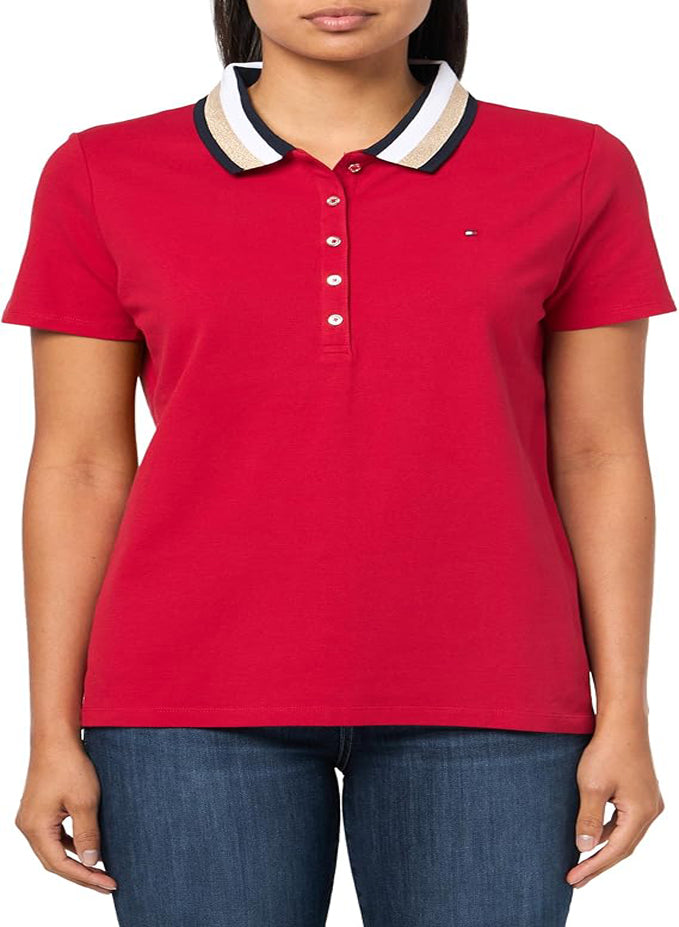 TOMMY HILFIGER WOMEN'S SHORT SLEEVE LUREX TIPPED COTTON PIQUE TEE SHIRT