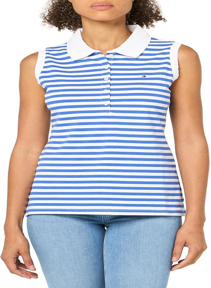 TOMMY HILFIGER WOMEN'S SLEEVELESS STRIPE POLO TEE SHIRT