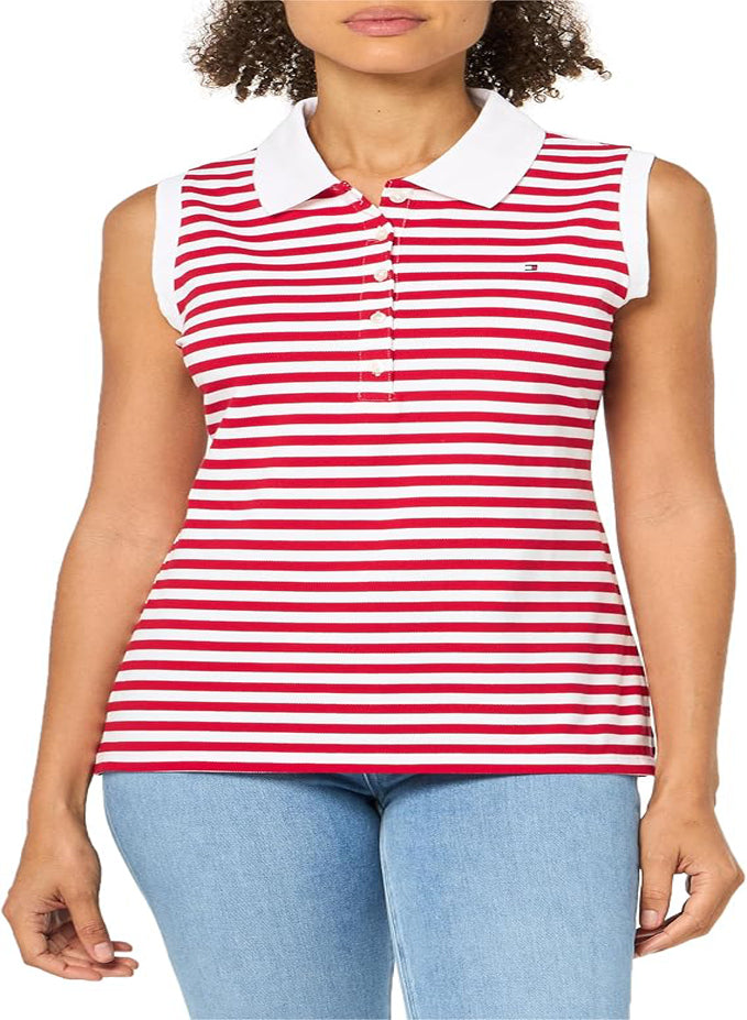 TOMMY HILFIGER WOMEN'S SLEEVELESS STRIPE POLO TEE SHIRT