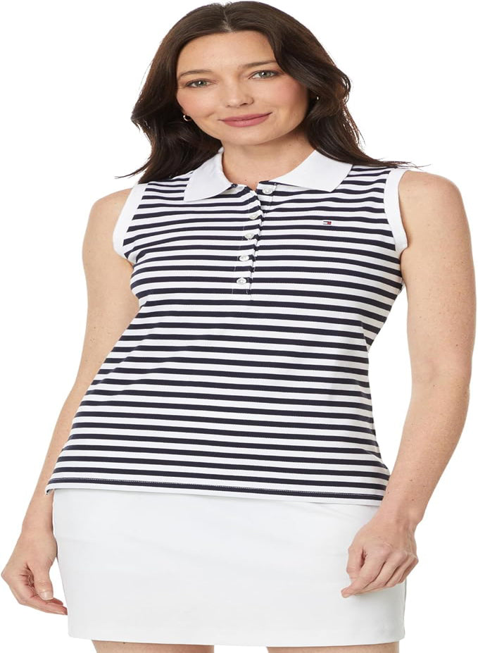 TOMMY HILFIGER WOMEN'S SLEEVELESS STRIPE POLO TEE SHIRT